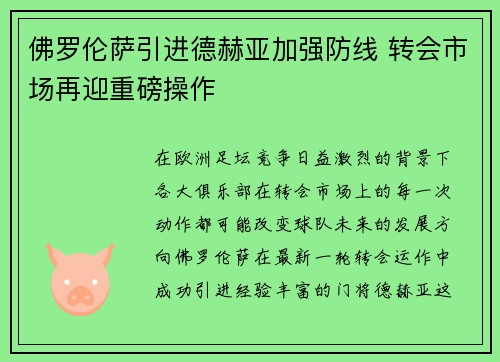 佛罗伦萨引进德赫亚加强防线 转会市场再迎重磅操作